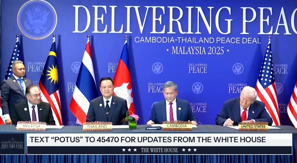 Screenshot from the official White House YouTube livestream during the signing of the Cambodia–Thailand Peace Agreement in Kuala Lumpur, Malaysia (October 26, 2025). Source: The White House Official YouTube Channel – https://www.youtube.com/watch?v=lP--3SqzCnQ
