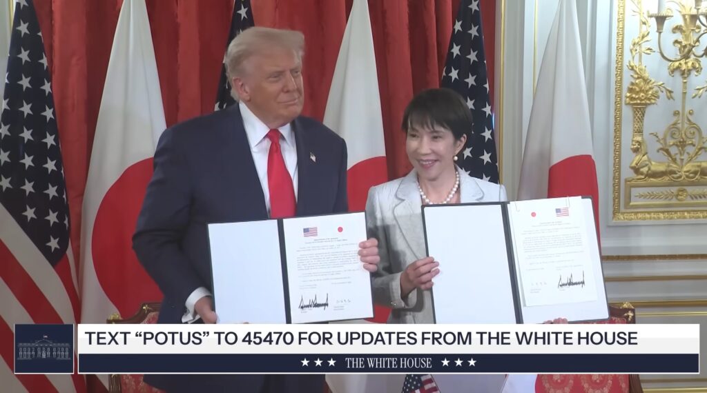 The President of the United States Donald Trump and the Prime Minister of Japan Sanae Takaichi after signing the “U.S.–Japan Framework for Critical Minerals and Rare Earths,” Tokyo, October 28, 2025. Photo: White House / YouTube screenshot (Public Domain)